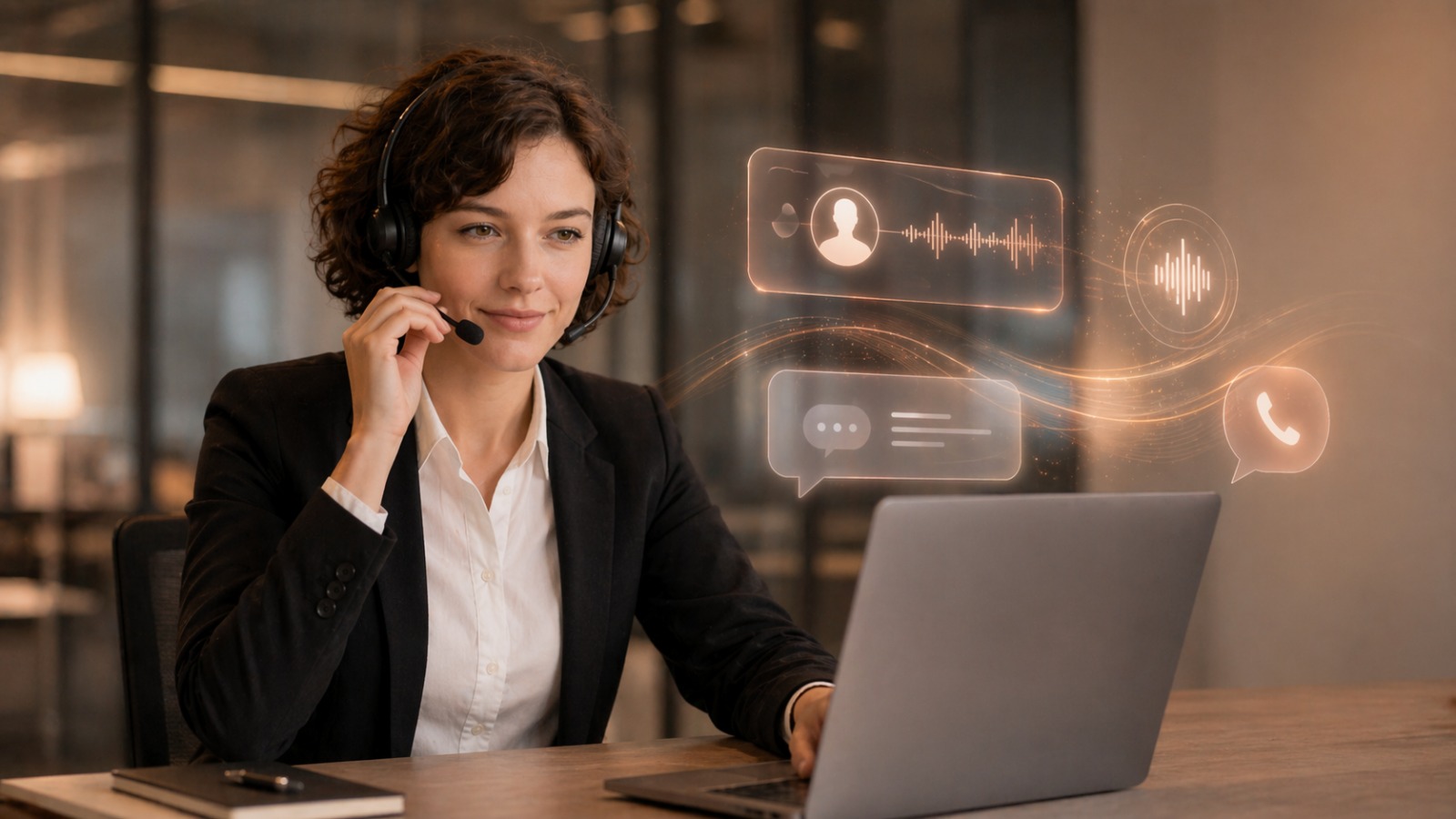 Maria, Ask-Maria's multimodal AI employee, professional with a headset