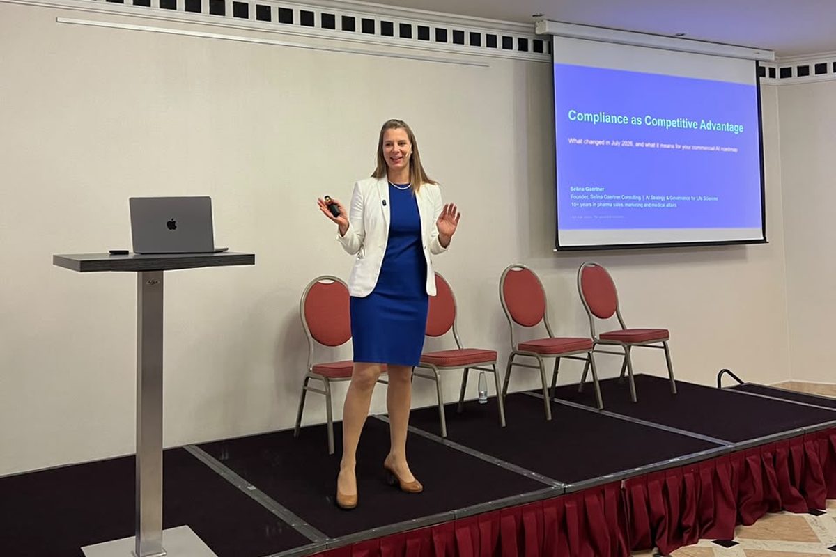 Selina Gaertner speaking on compliance as a competitive advantage at the 4th Annual Pharma Commercial and SFE Summit 2026 in Budapest