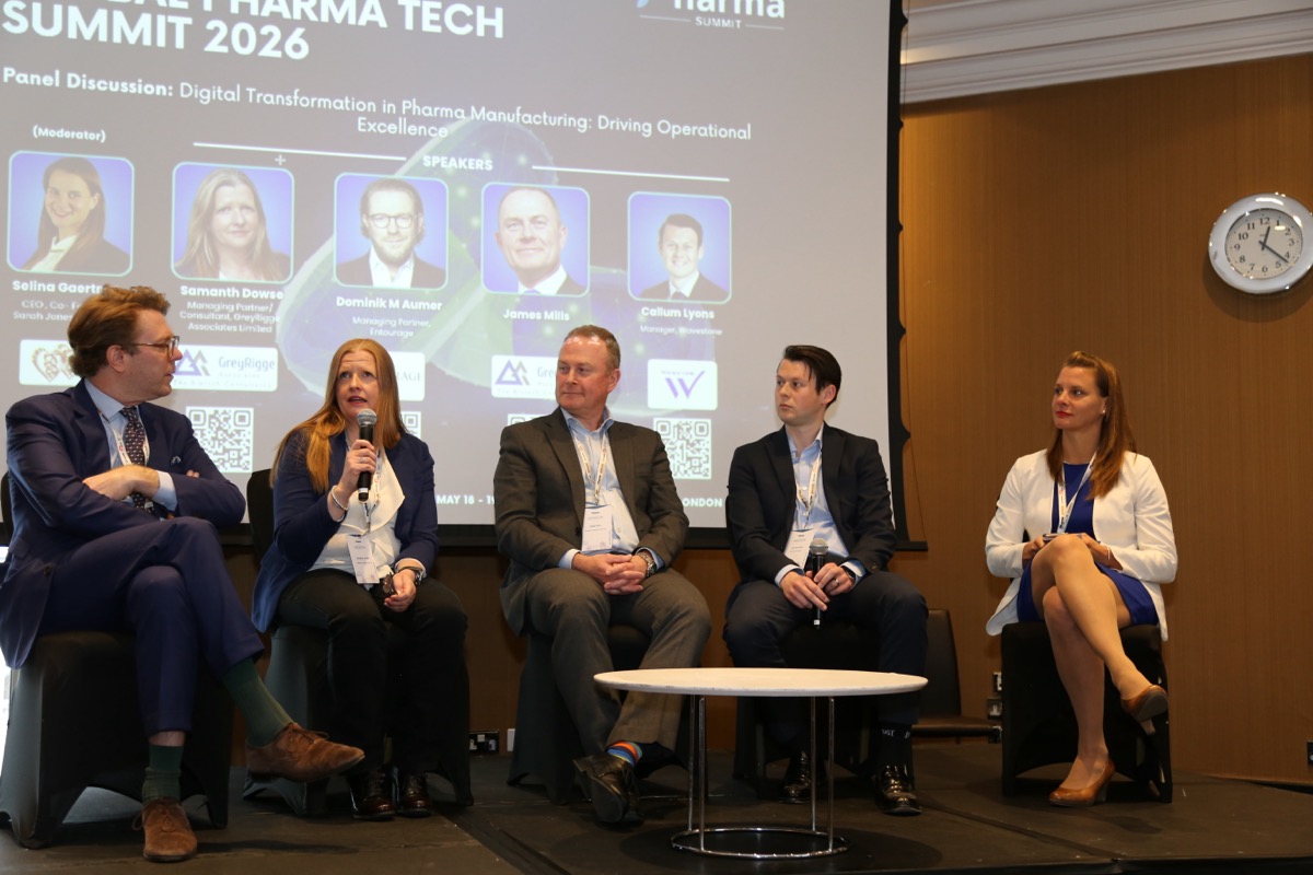 Selina Gaertner moderating a panel on Digital Transformation in Pharma Manufacturing at the Global Pharma Tech Summit 2026