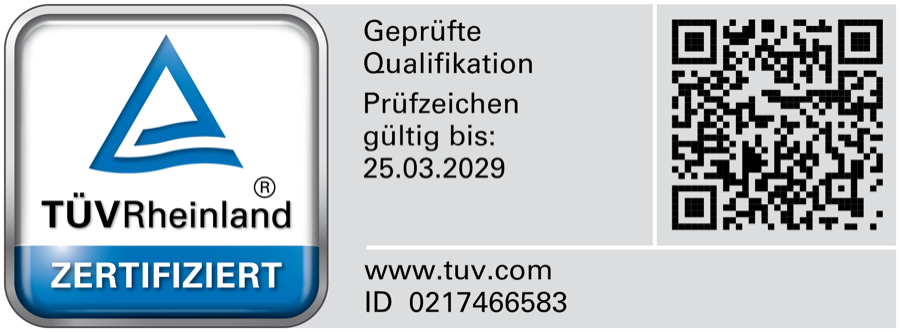 TÜV Rheinland certified qualification mark, valid until 25.03.2029, ID 0217466583